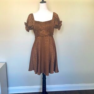 Francesca’s brown puff sleeve, satin mini dress, size L fits like M